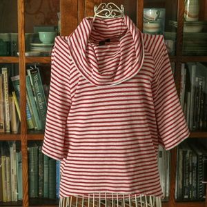 Cowl neck sweater high low thin stripe top raglan